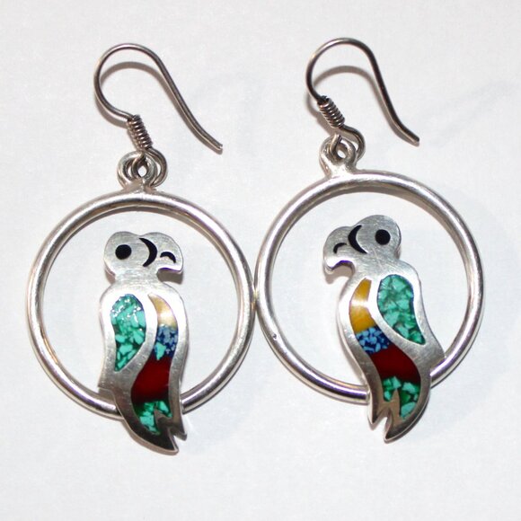 Taxco Jewelry - Vintage Taxco Mexico Sterling Silver Crushed Gemstone Parrot Earrings